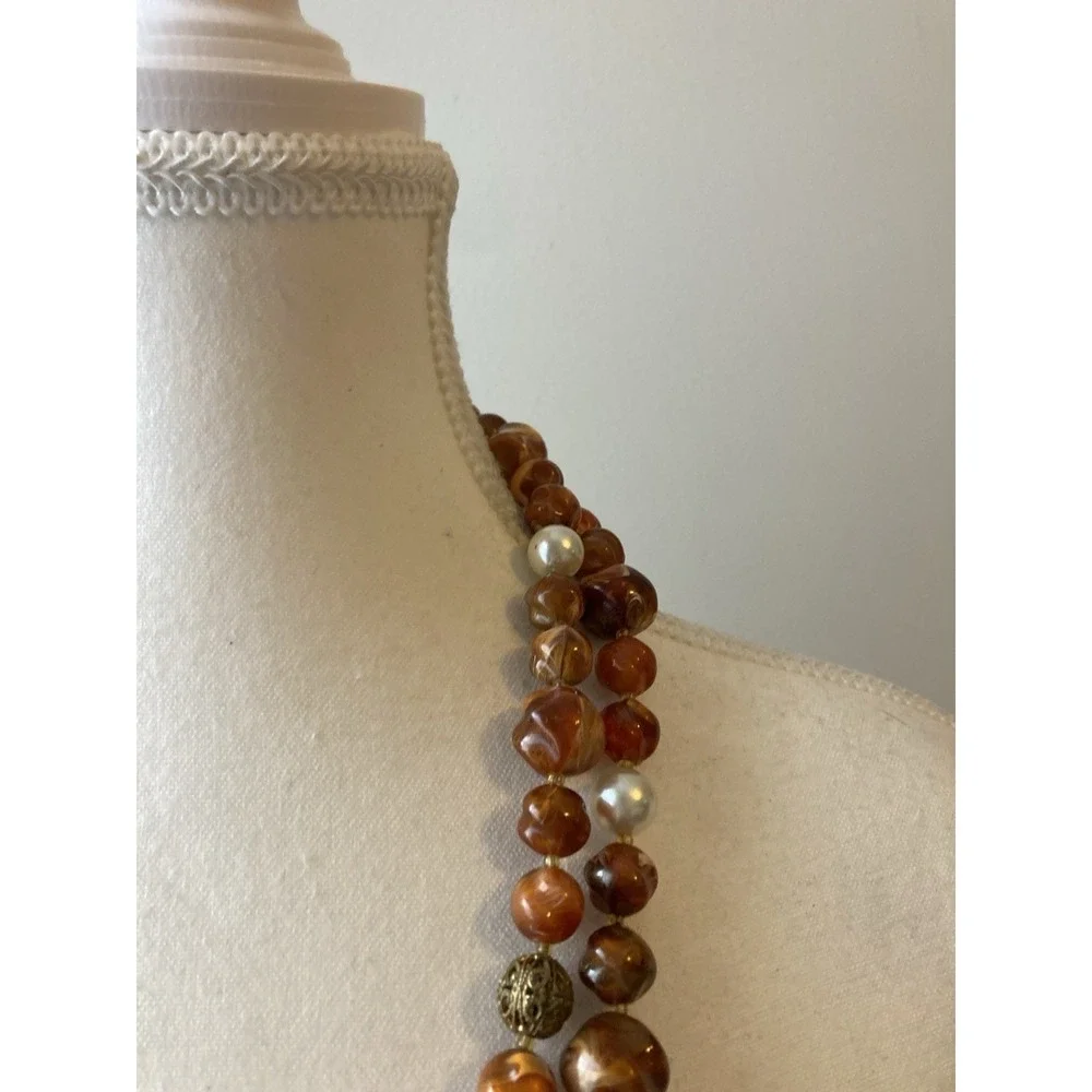 Vintage Double Strand Necklace‎ In Earthy Brown Nugget Bead Faux Pearl Gold Tone